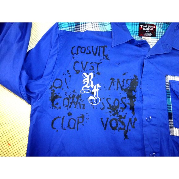 Tool Jeans Mens 4XL Blue Plaid Patchwork Long Sleeve Shirt With Graffiti Print - Picture 2 of 12
